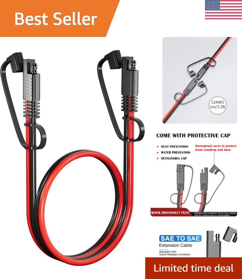 Durable 3.3FT SAE to SAE Extension Cord, 12AWG - Versatile Power for Vehicles
