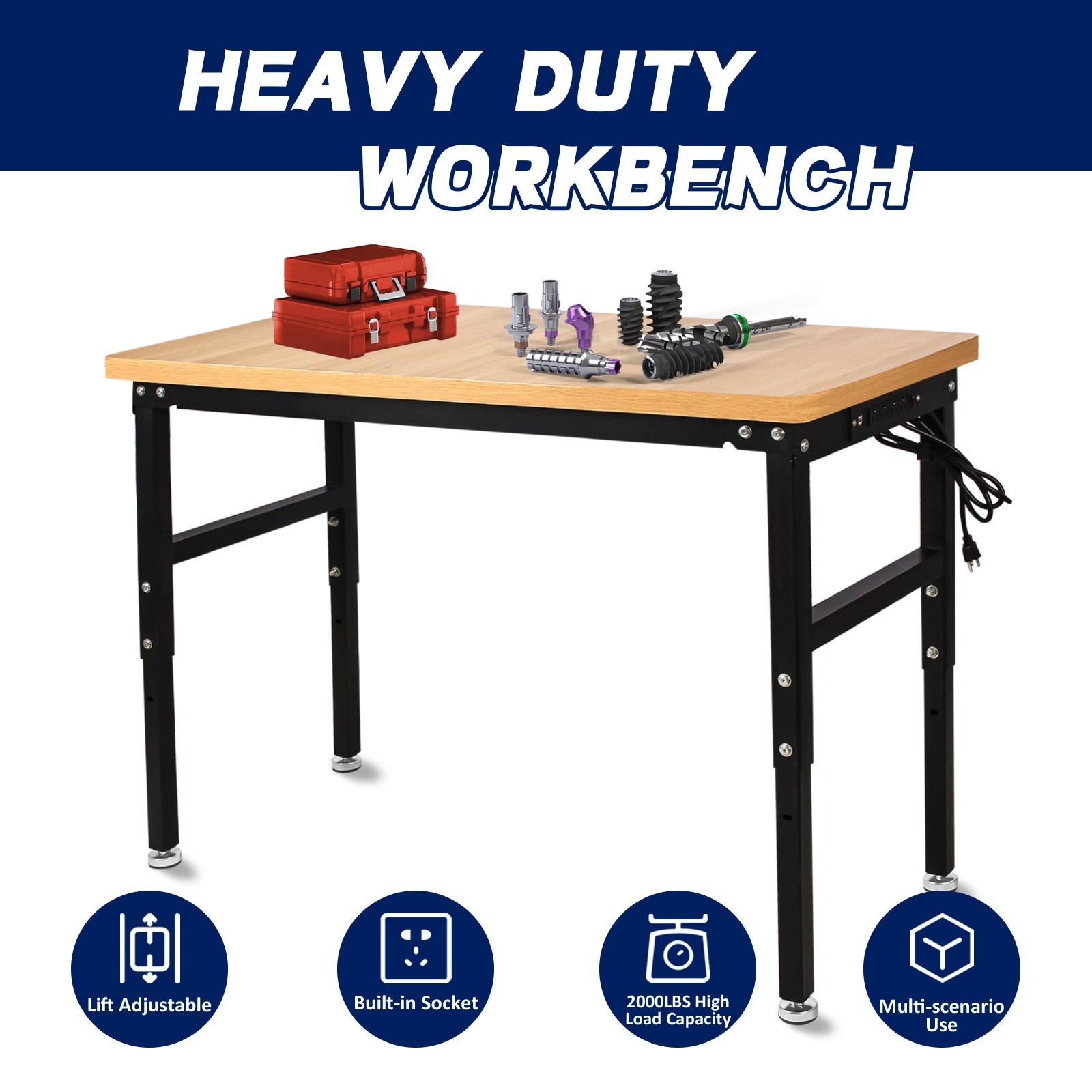 48''/60'' Adjustable Heigh Work bench with Power Outlet Hardwood Work Table