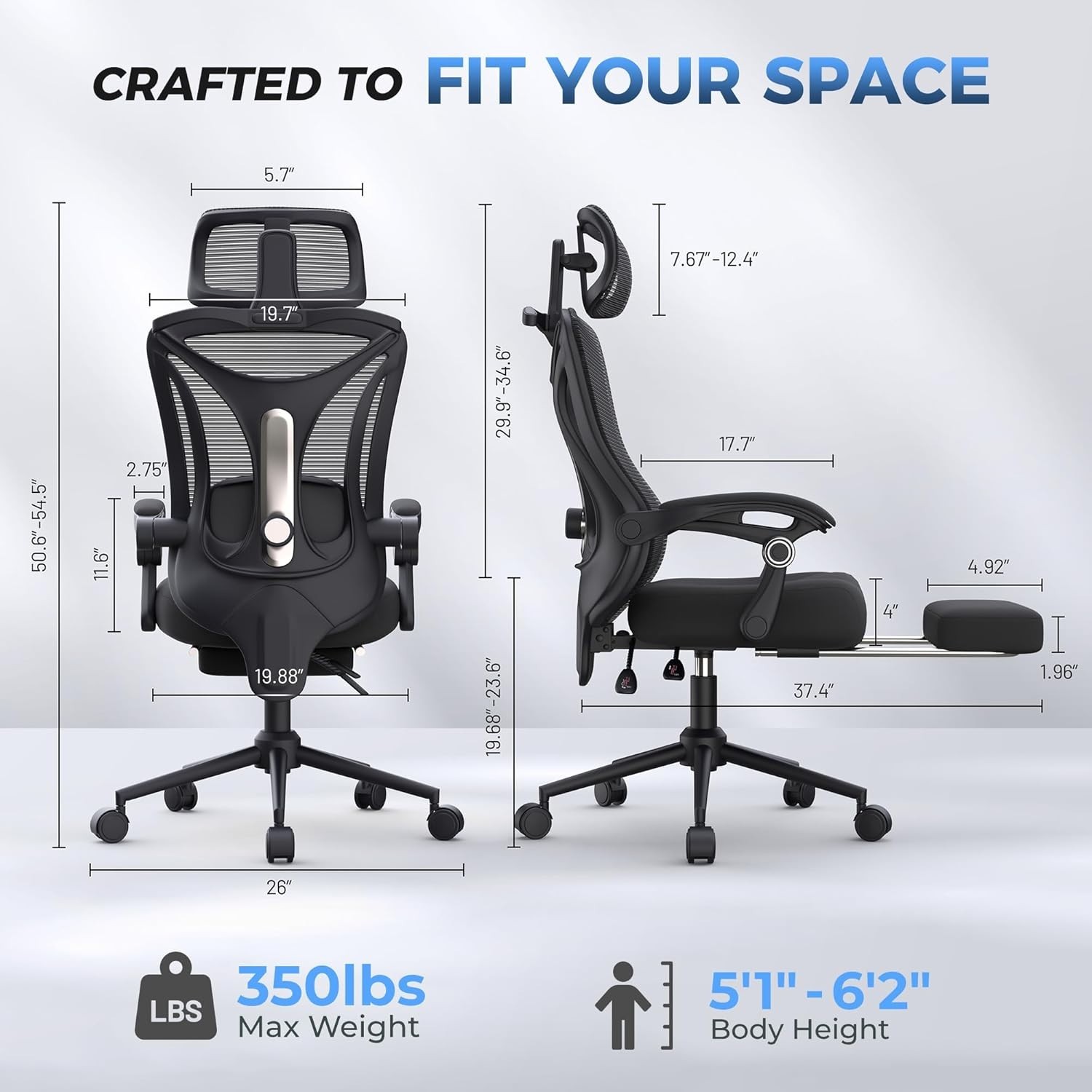 Ergonomic Office Chair with Footrest | 90-160° Reclining Mesh Back | 350lbs Cap