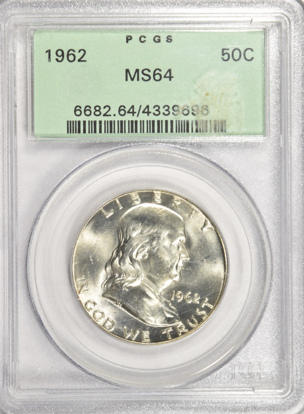 1962 FRANKLIN HALF DOLLAR ~ PCGS MS64 ~ OLD HOLDER ~ BRIGHT WHITE! #696