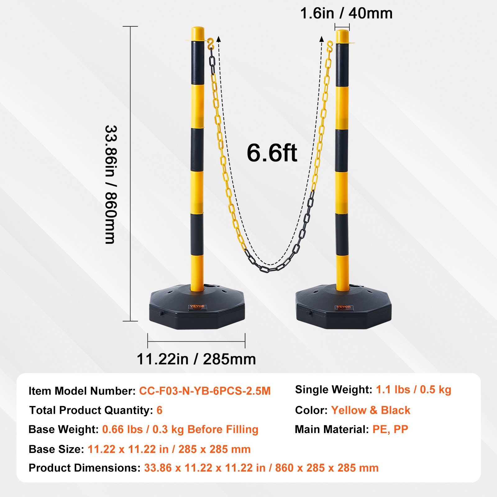VEVOR 6PCs Traffic Delineator Post Cones with Fillable Base 8FT Chain Adjustable