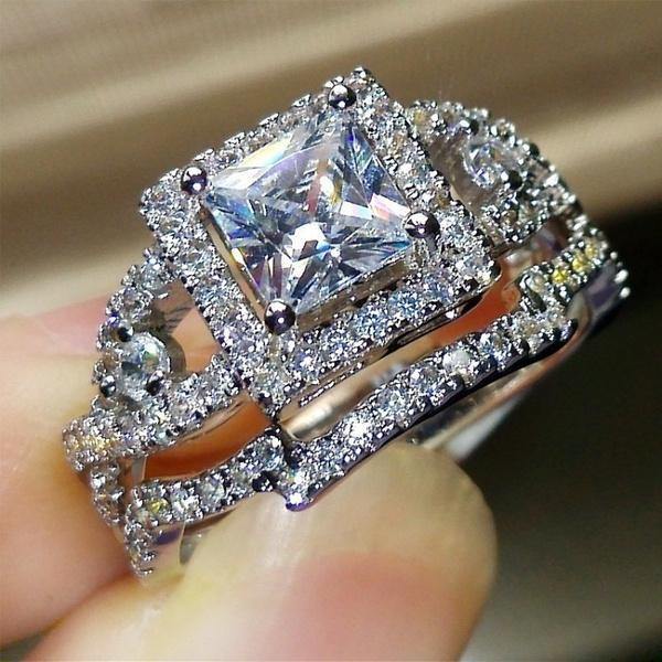 2Ct White Princess Cut Stone Engagement Wedding Ring Set In 925 Sterling Silver