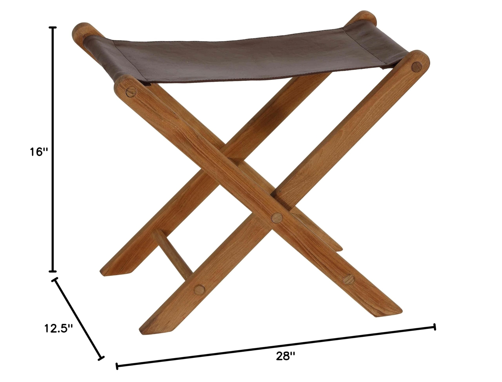 Bare Decor Davie Teak and Leather Folding Accent Stool, 18", Saddle Brown