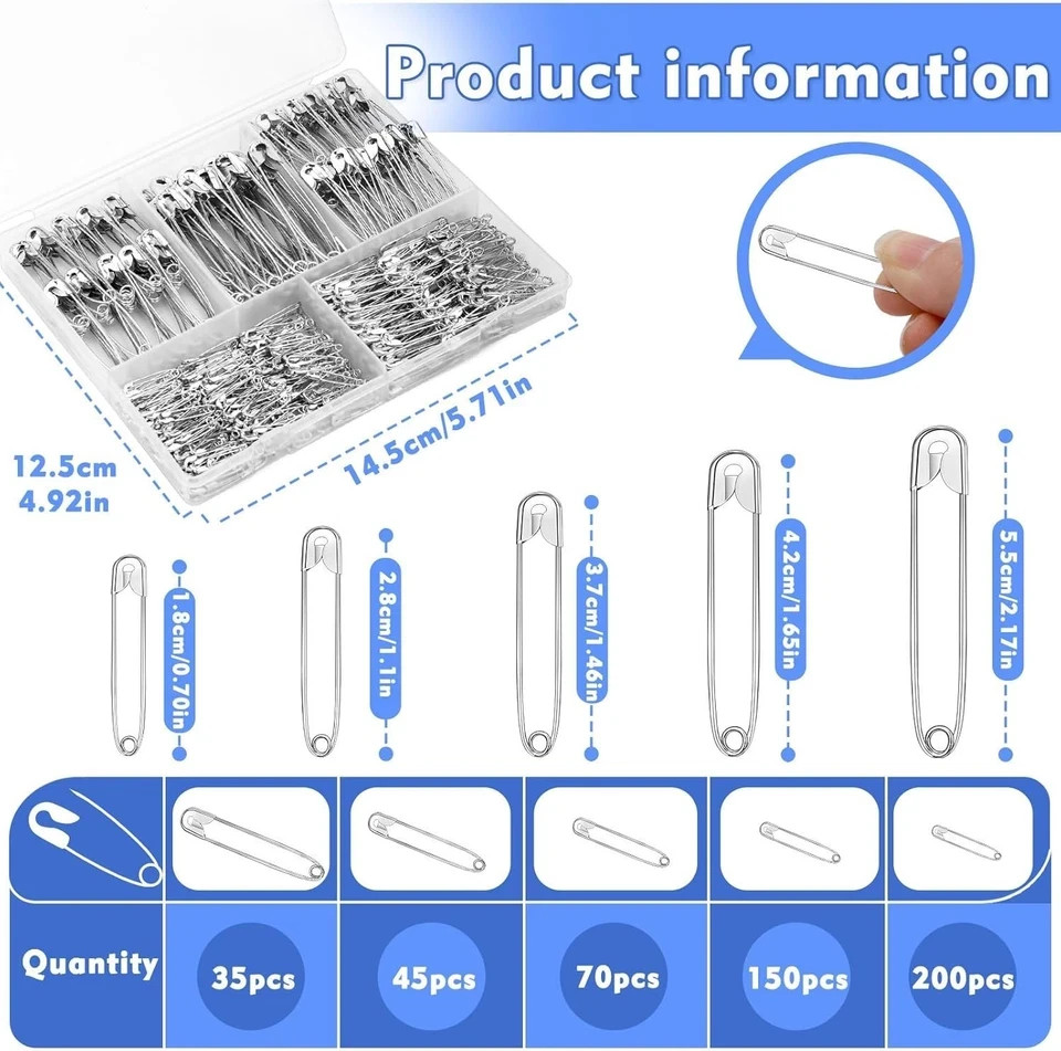 500 Ps 5 Sizes Safety Pins Assorted Size Rust-Resistant Nickel Plated Steel Asso