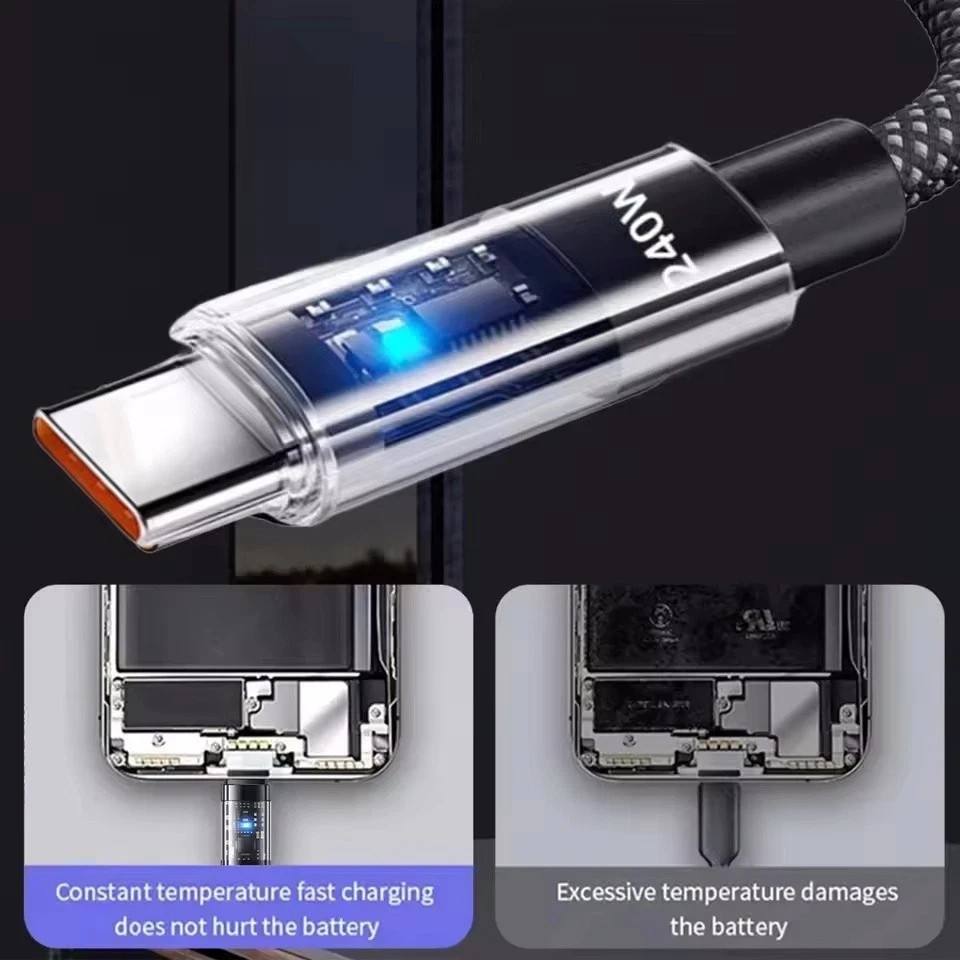 240W USB-C Fast Charging Cable LED Display Nylon Braid Type-C Data Charger Cord