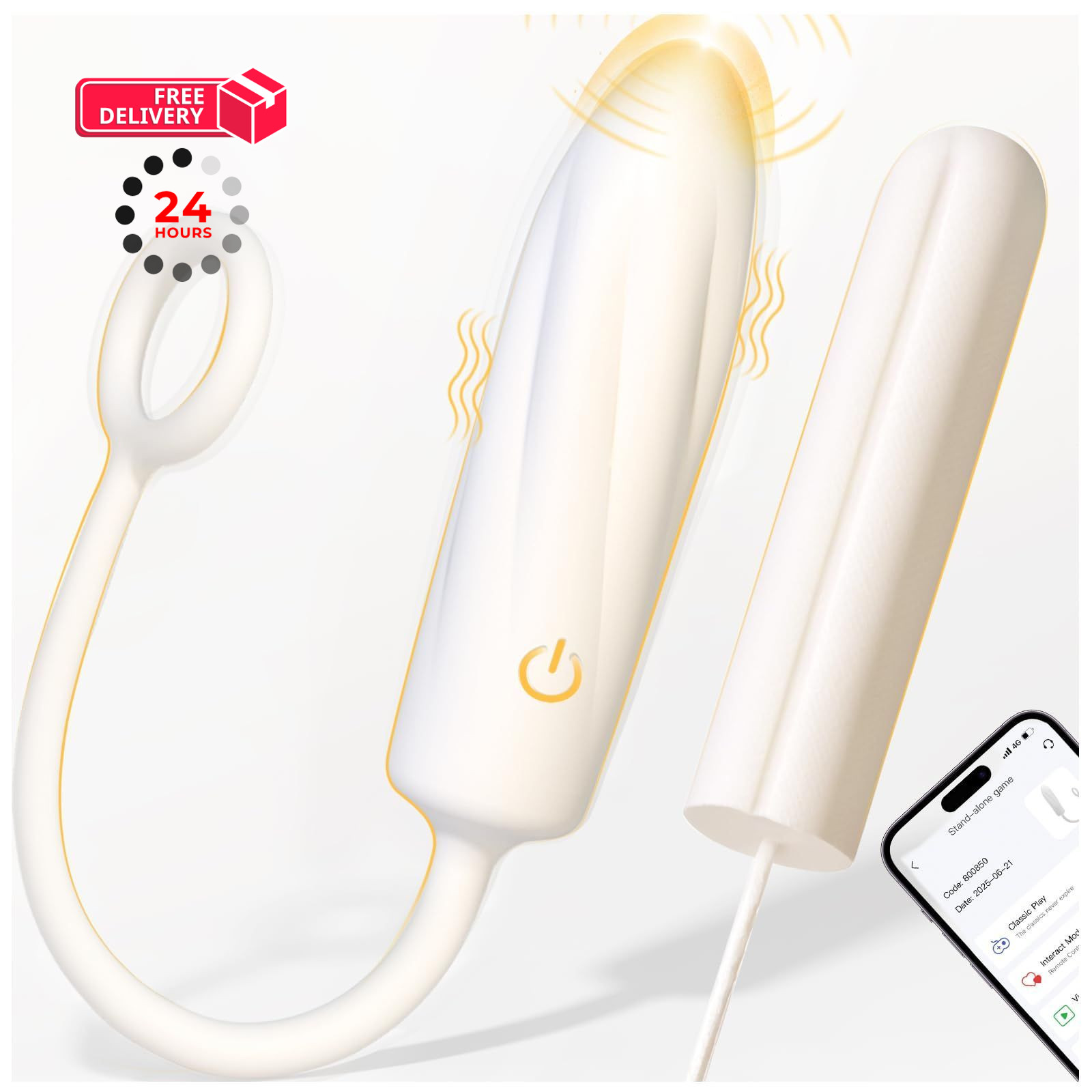 2-in-1 Tampon-Shaped Wearable Bullet Vibrator, 100% Liquid Silicone App White