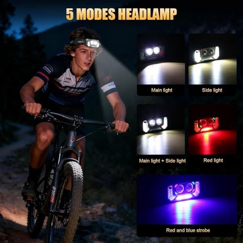 LED Headlamp Lightweight with Red Light Motion Sensor, 5 Modes USB T129 2 Pack
