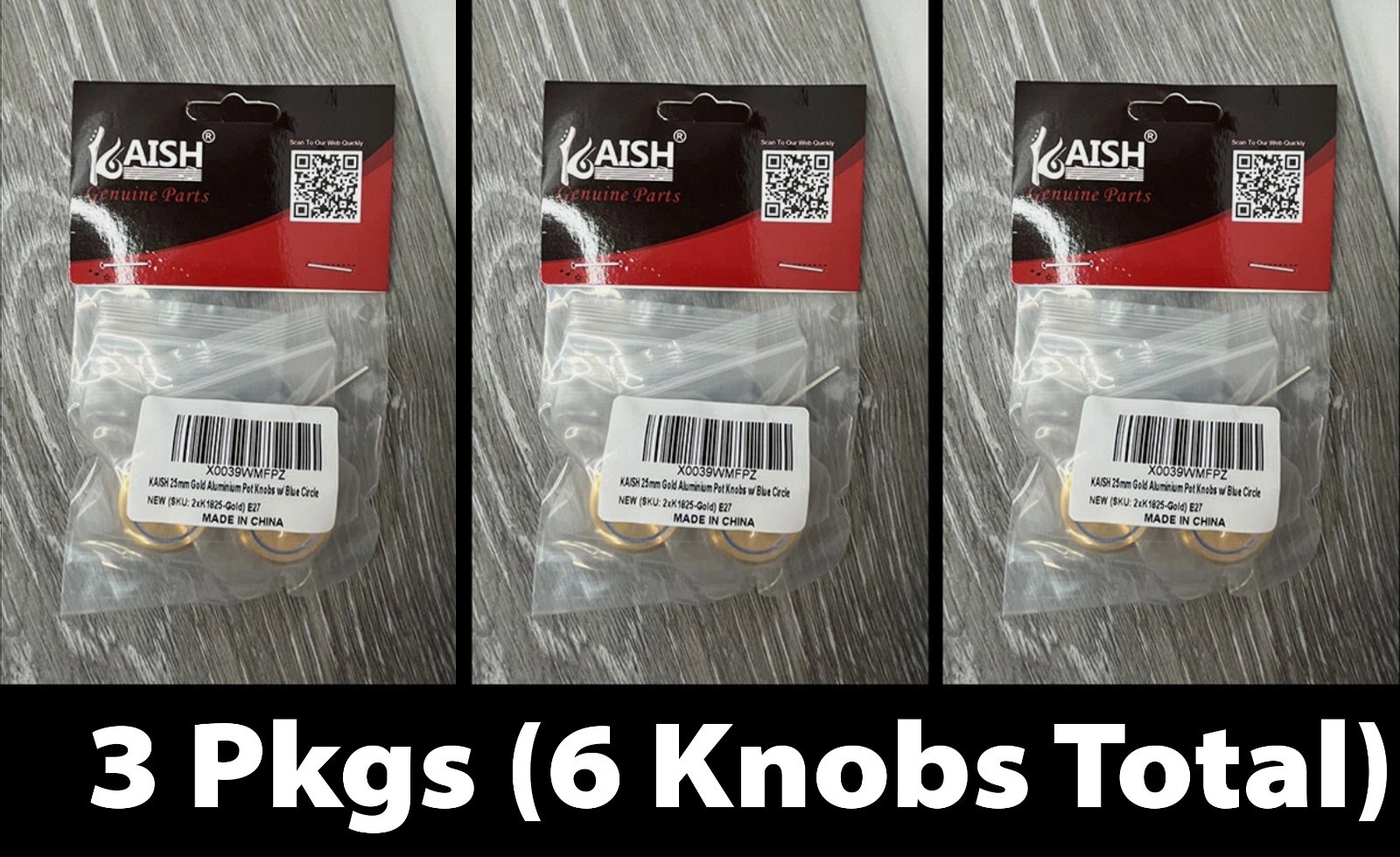 3 Pkgs (6ct Total) KAISH K1825-Gold 25mm Aluminum Pot Knobs w/ Blue Circle