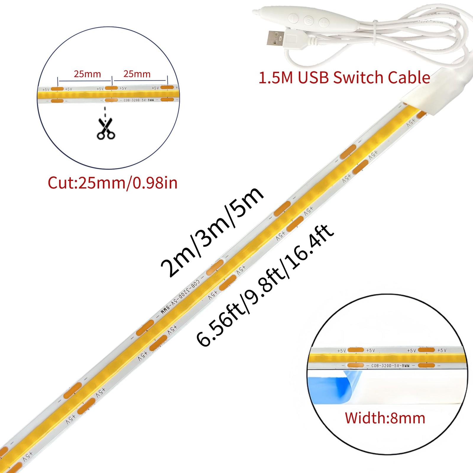 2PACK 5V USB COB LED Strip Lights with Dimmable Switch,9.84FT/3M,Cool White 6...