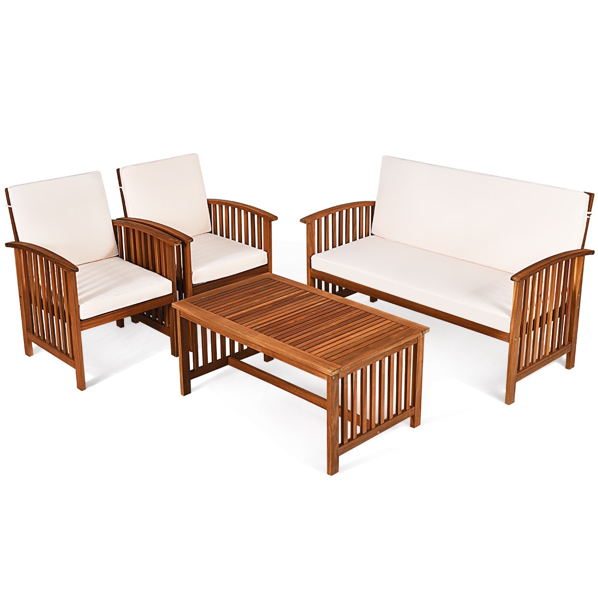 4PCS Patio Solid Wood Home Set Conversation Coffee Table W/Cushion Ourdoor