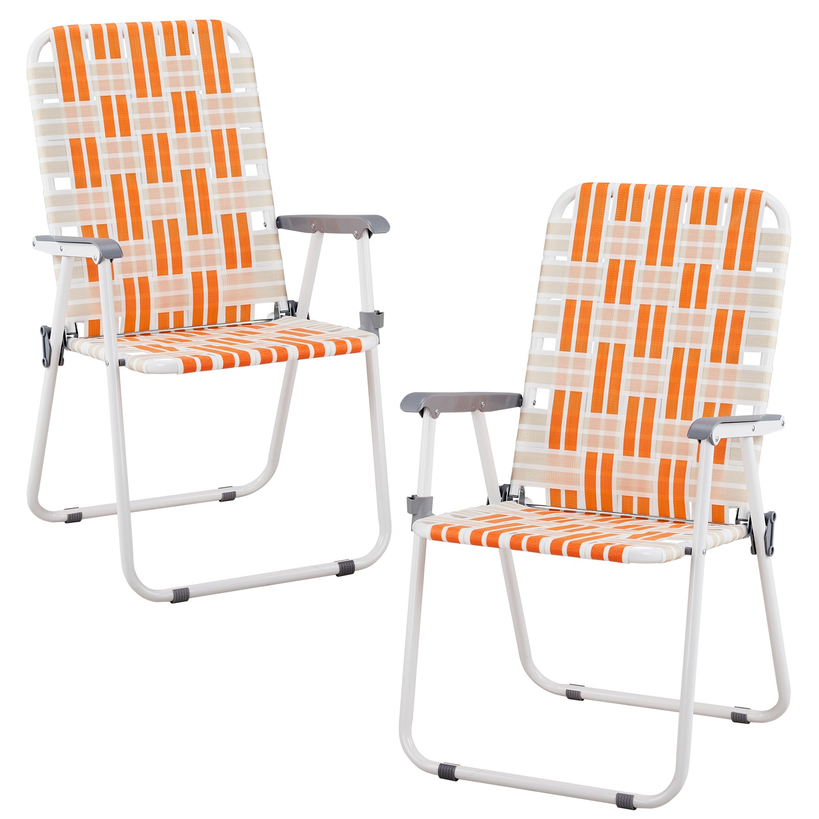 Outdoor 2PCS Folding Orange Chair Beach Chair Lawn Patio Webbed Strap Furniture