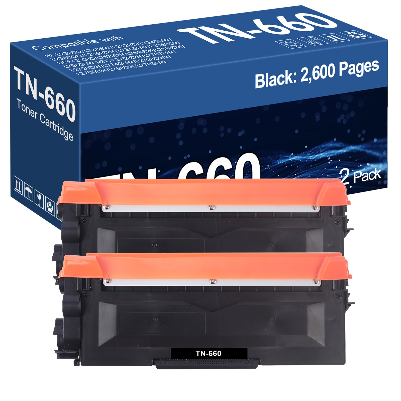 2PK Black Toner Cartridge For Brother TN660 TN630 HL-L2380DW MFC-L2700DW Printer