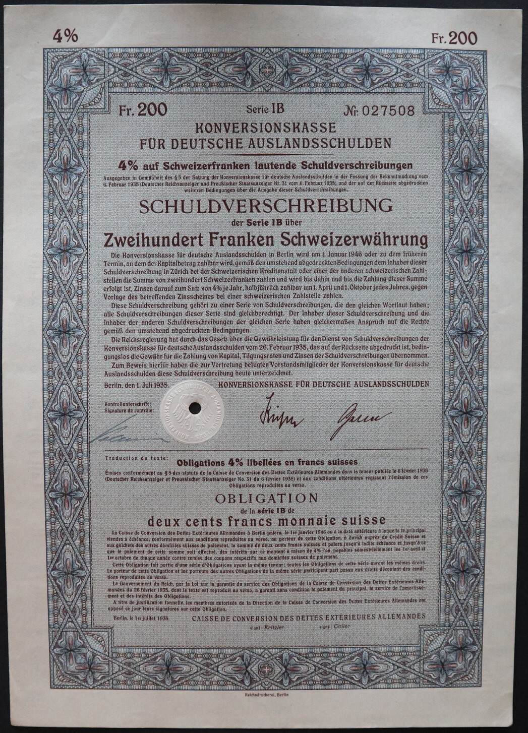 200 Franken 1935 Schweizerwährung - Series: 027508 - Loan Bond - Berlin - "Y67"
