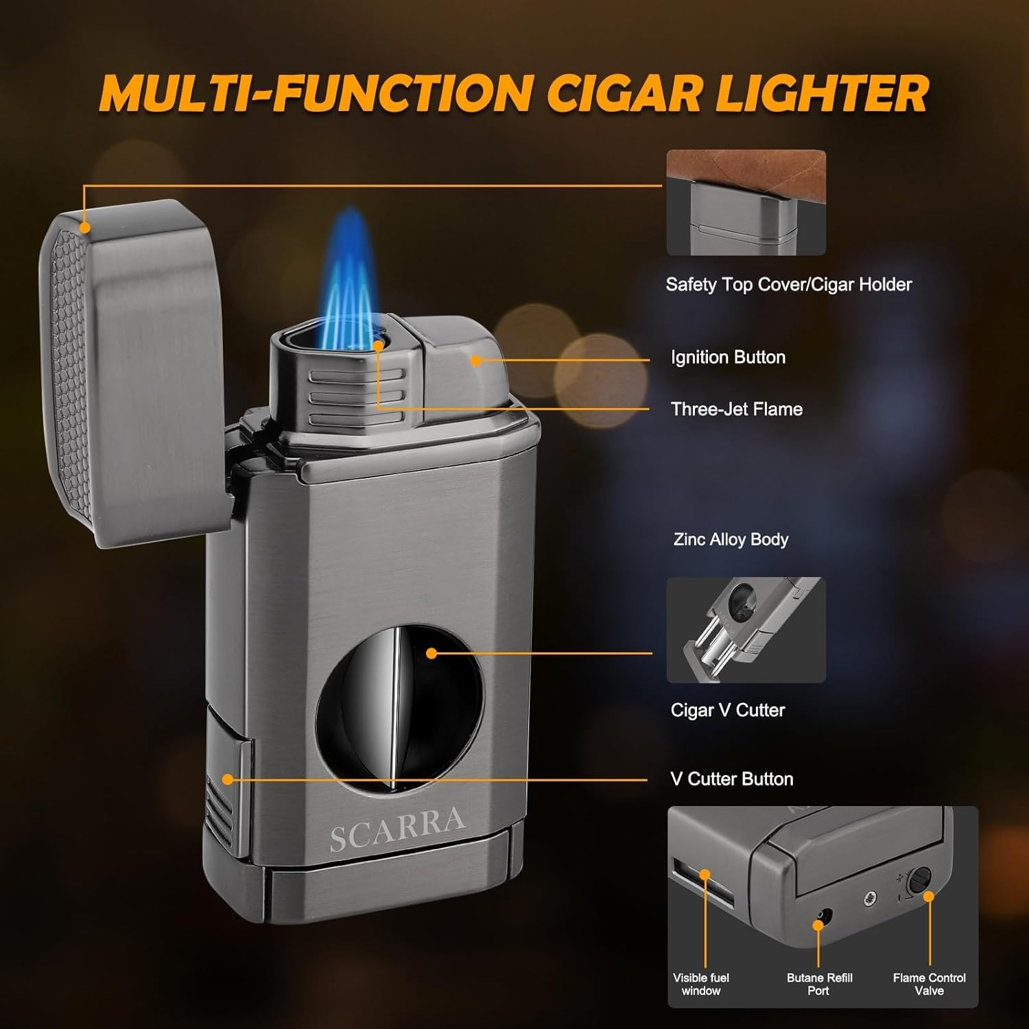 Cigar Torch Lighter, Multi-Function 3-in-1 Torch Lighter Gift for Men, Butane...
