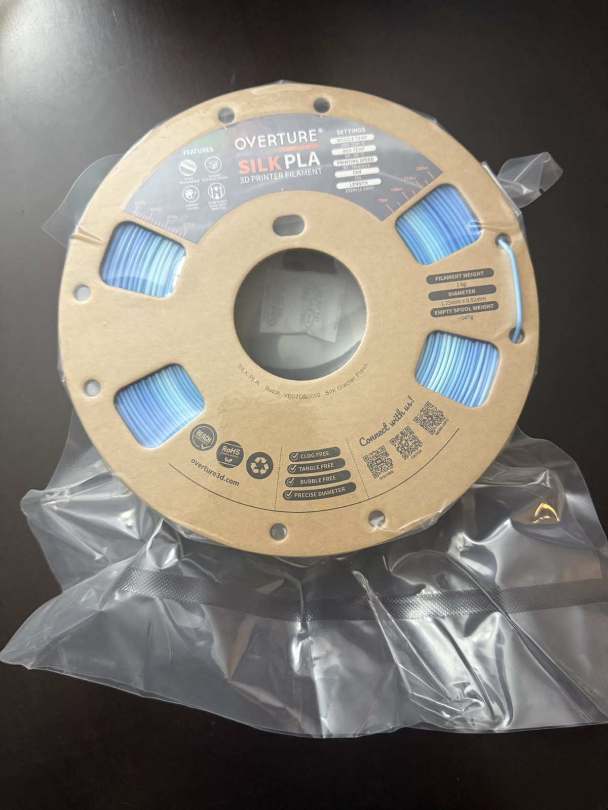 Overture Slik PLA Filament- Silk Glacier Flash- 1 kg roll NEW