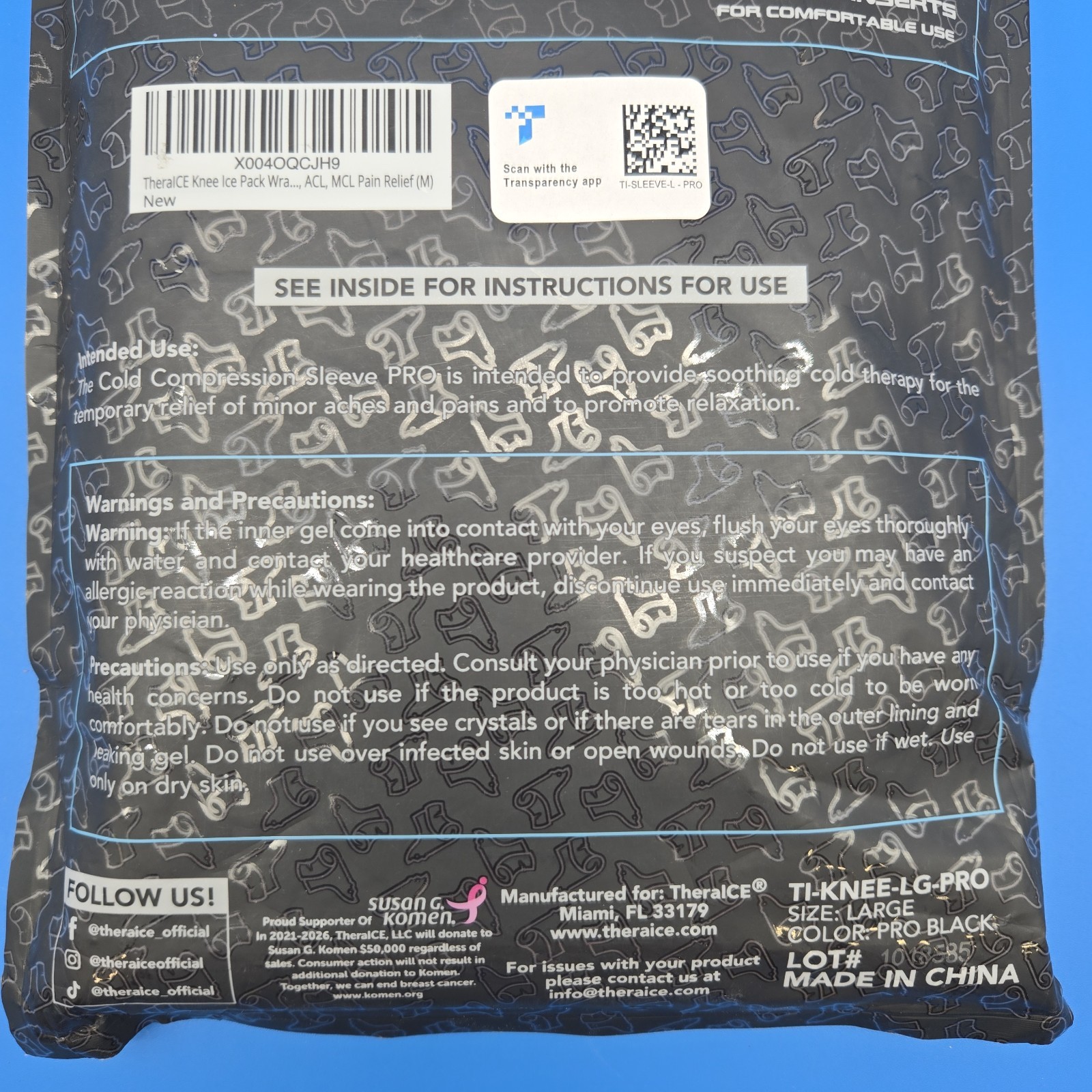 TheralCE Cold Compression Knee Sleeve PRO Large Black Reusable Ice Pack Wrap