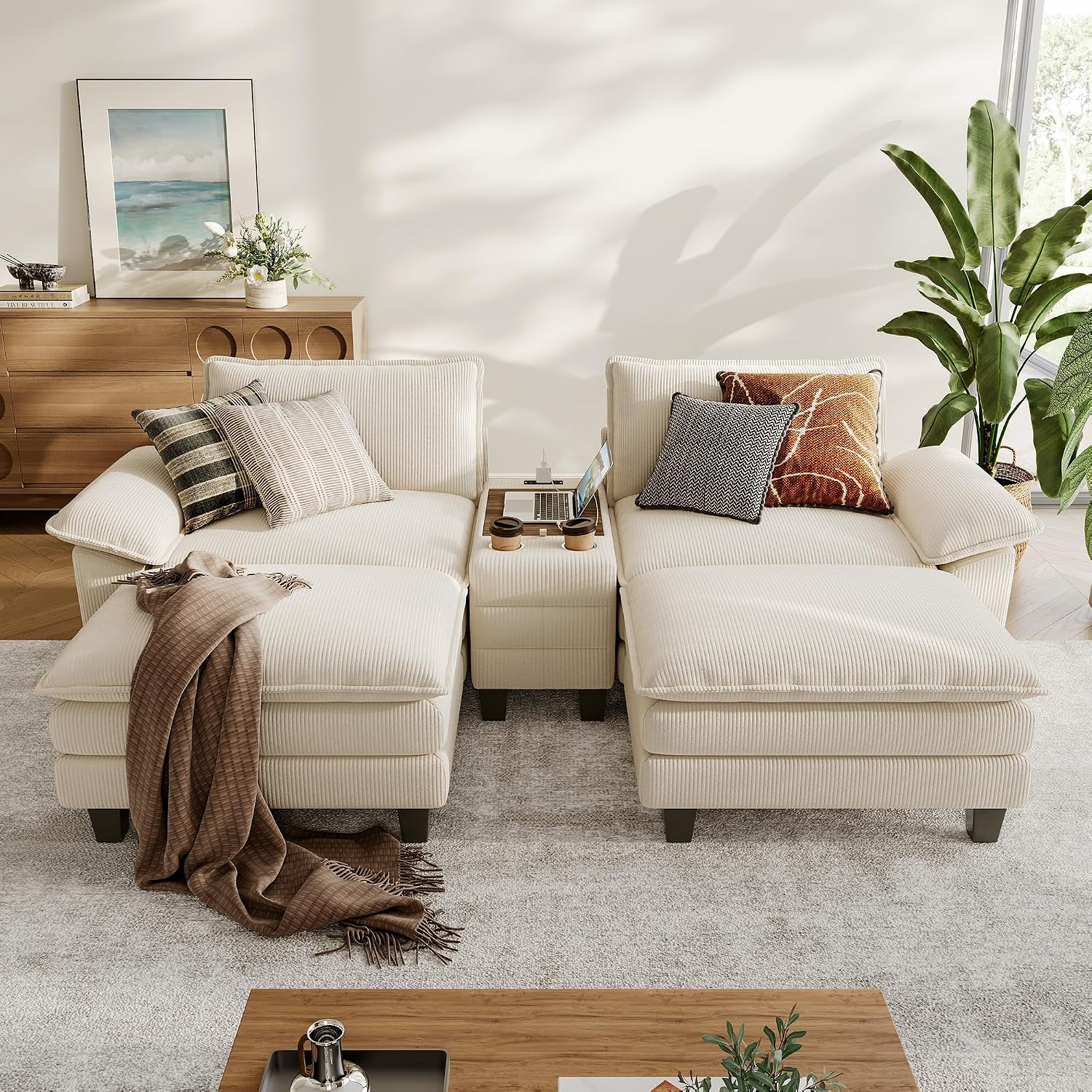 Modular Sectional Sofa for Living Room, Corduroy Cloud Couch with Storage Consol