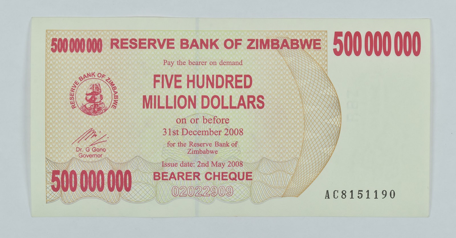 2008 Zimbabwe 500 Million Dollars Bearer Cheque