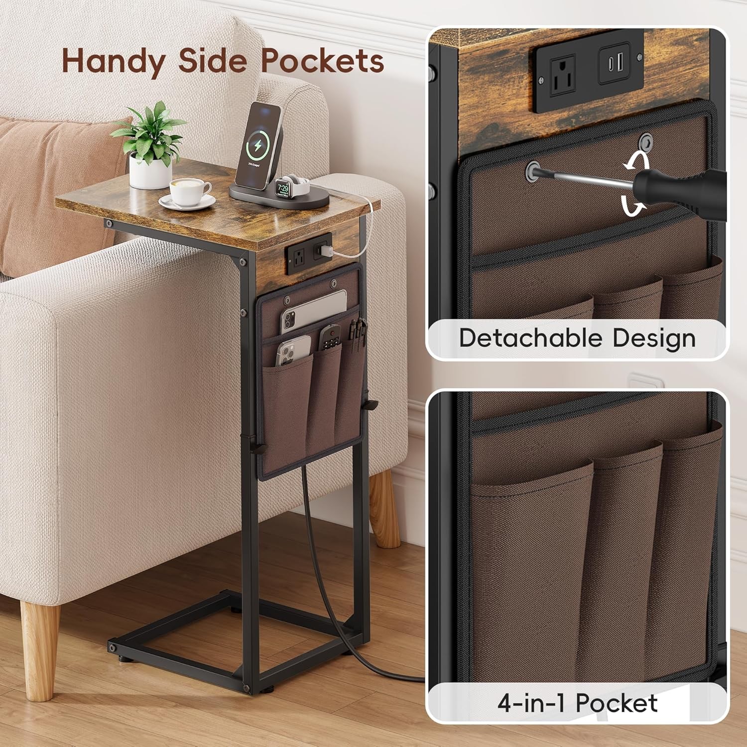 Vagusicc C Shaped End Table with Charging Station, Adjustable Rustic Brown