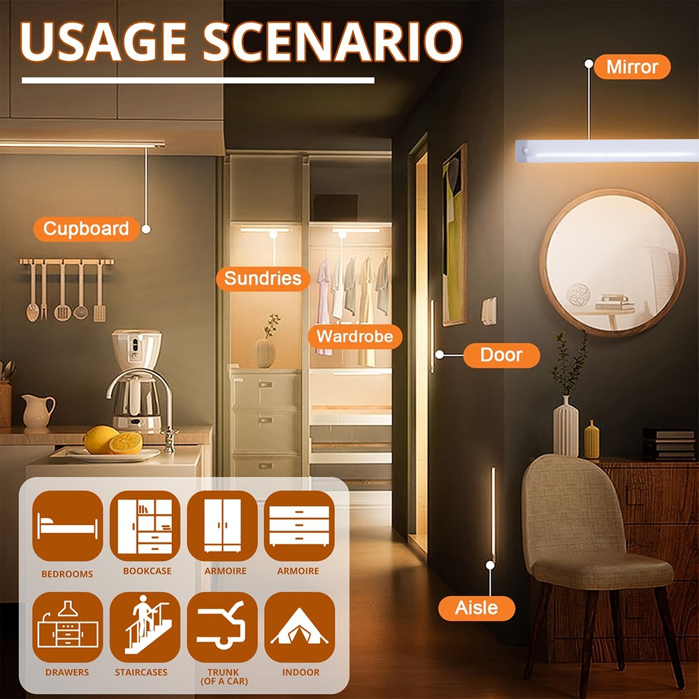4 Pack LED Under Cabinet Lights, Rechargeable Motion Sensor, 3 Color Dimmable