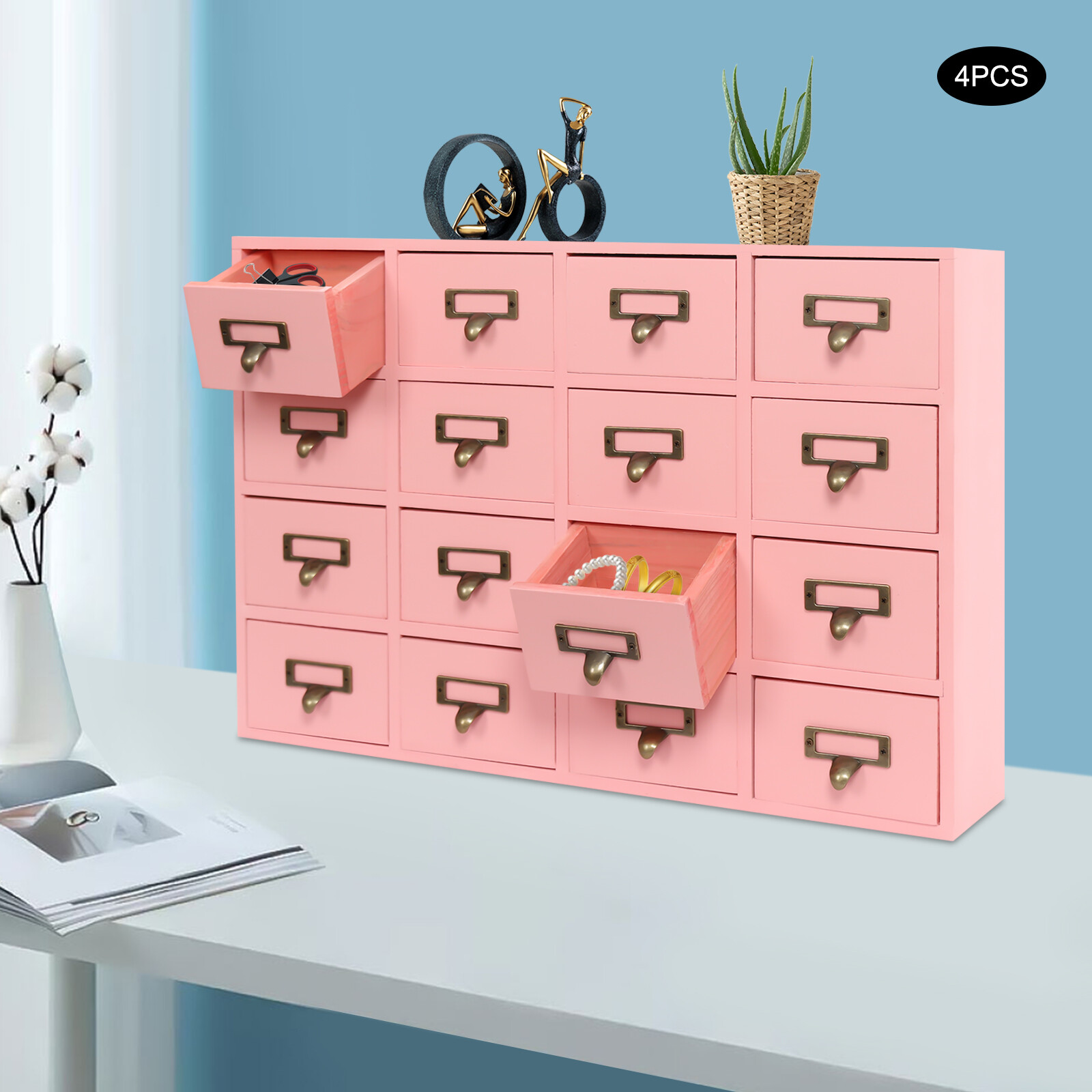 4 PCS 16-Drawer Pink Cabinets Rectangle Storage Cabinet 64-Drawer Storage Box