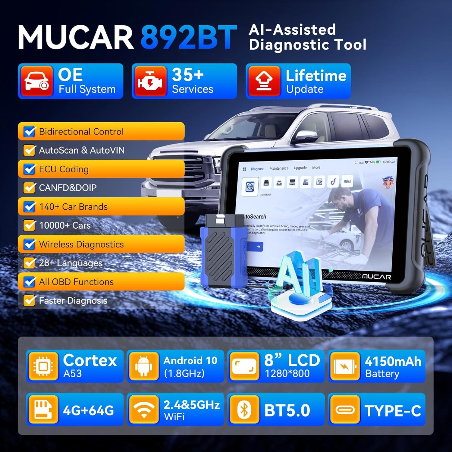 Lifefree Update MUCAR 892BT OBD2 Scan Diagnostic IPRO TPMS Programming Tool MUAI