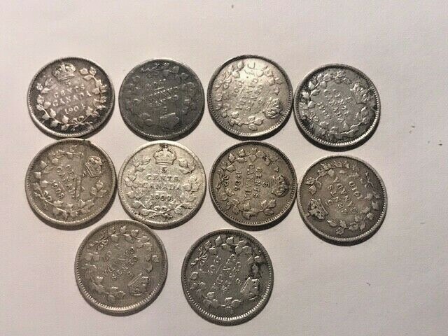 10-Canada Silver 5 Cents Random Year Km13 VG/F #14696