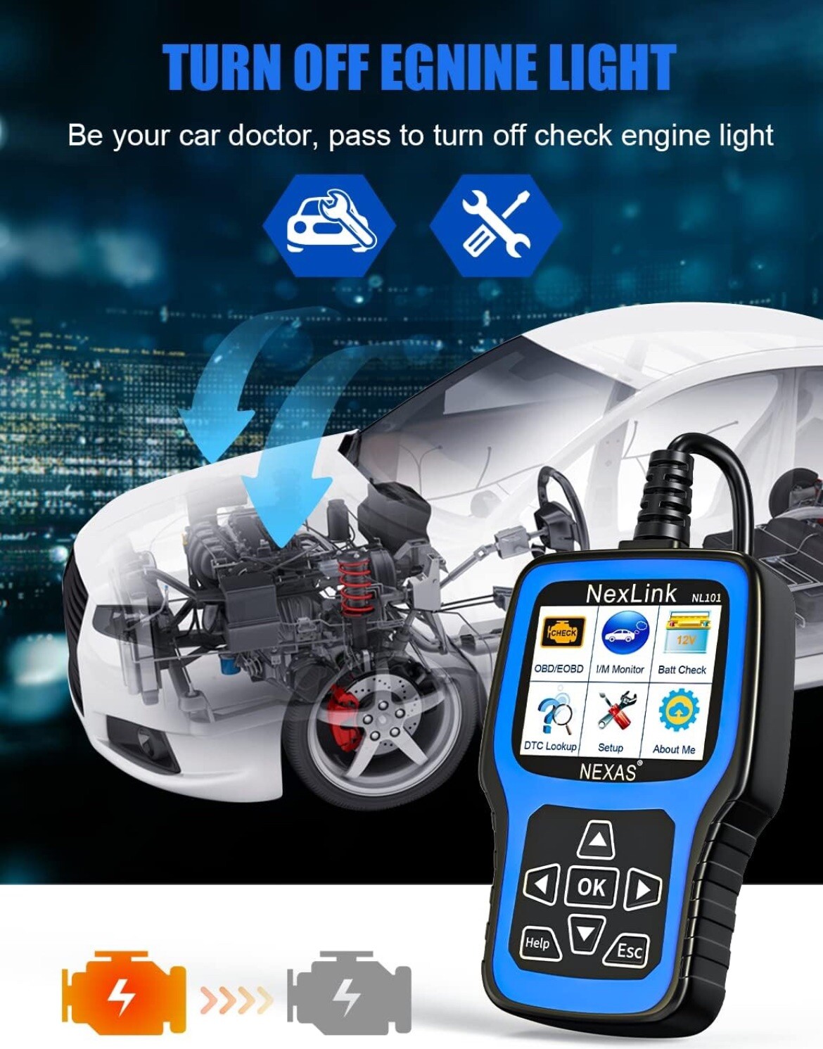 NL101 OBD2 Scanner Diagnostic Tool + Car Battery Test Check Engine Light