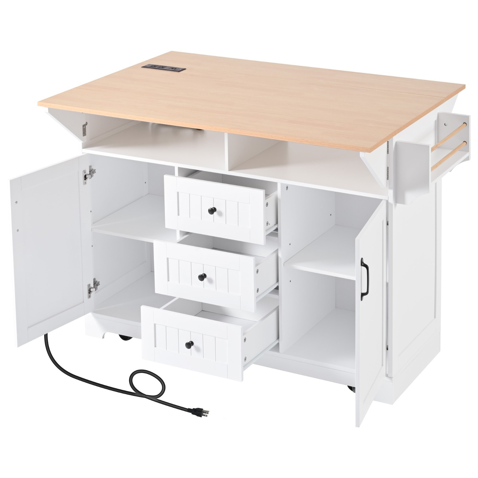 White 55.7'' Large Kitchen Island 2 Drop Leaf,, Rolling Kitchen Cart 5 Wheels