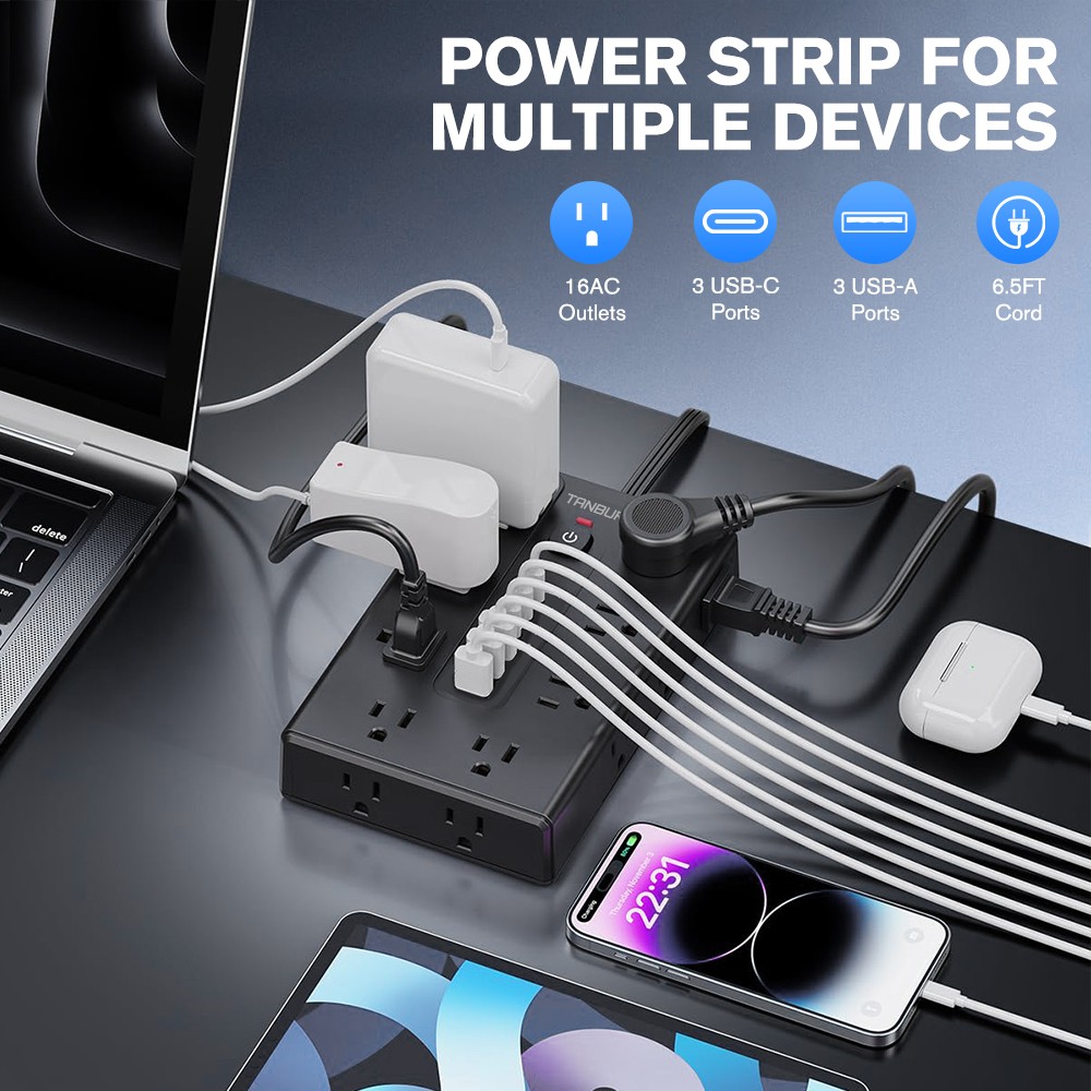 Flat Plug Power Strip with 16 Outlet Extension Cord USB Port Surge Protector