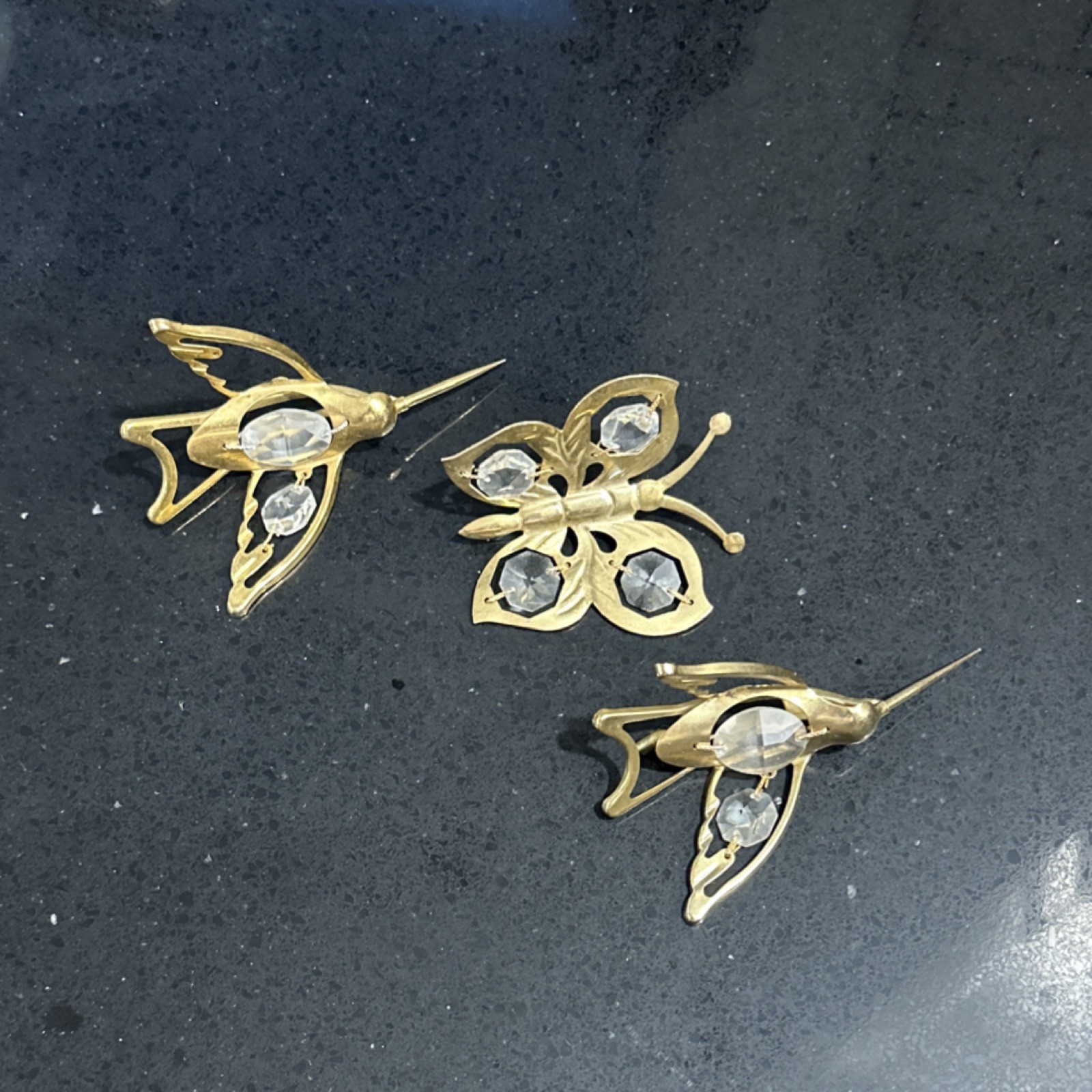 Gold Tone Butterfly and Bird window hangers with Clear Glass Stones Set of 3