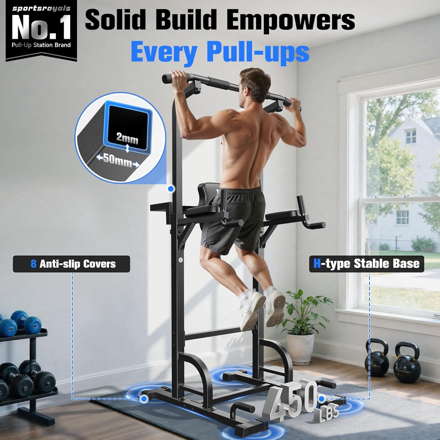 Pull-up/parallel bar machine, 450 lbs stable weight capacity.