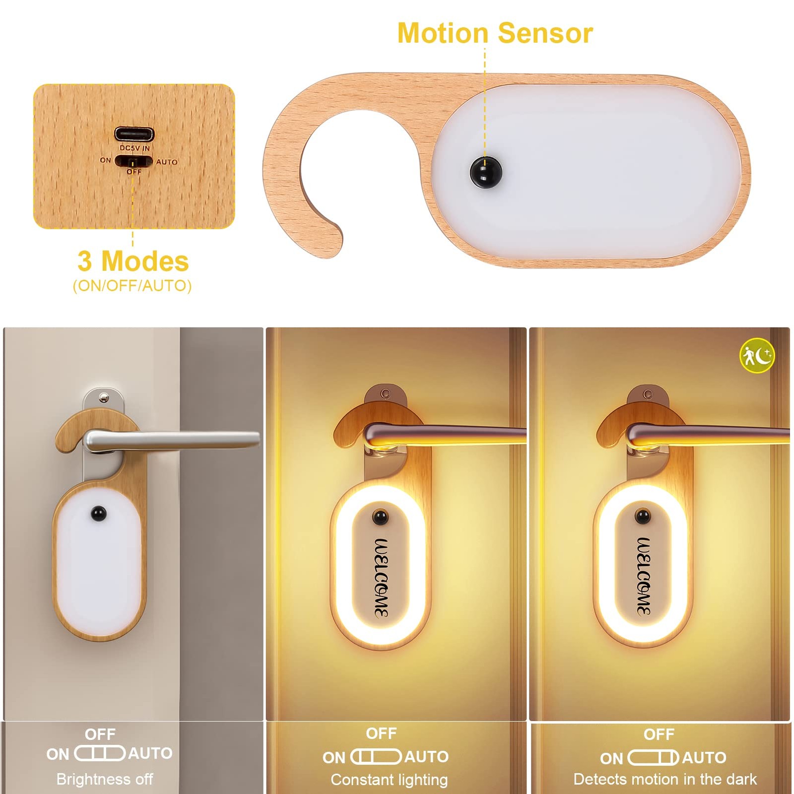 Wooden Message Memo Motion Sensor Door Key Night Light Doorknob Board LED Doo...