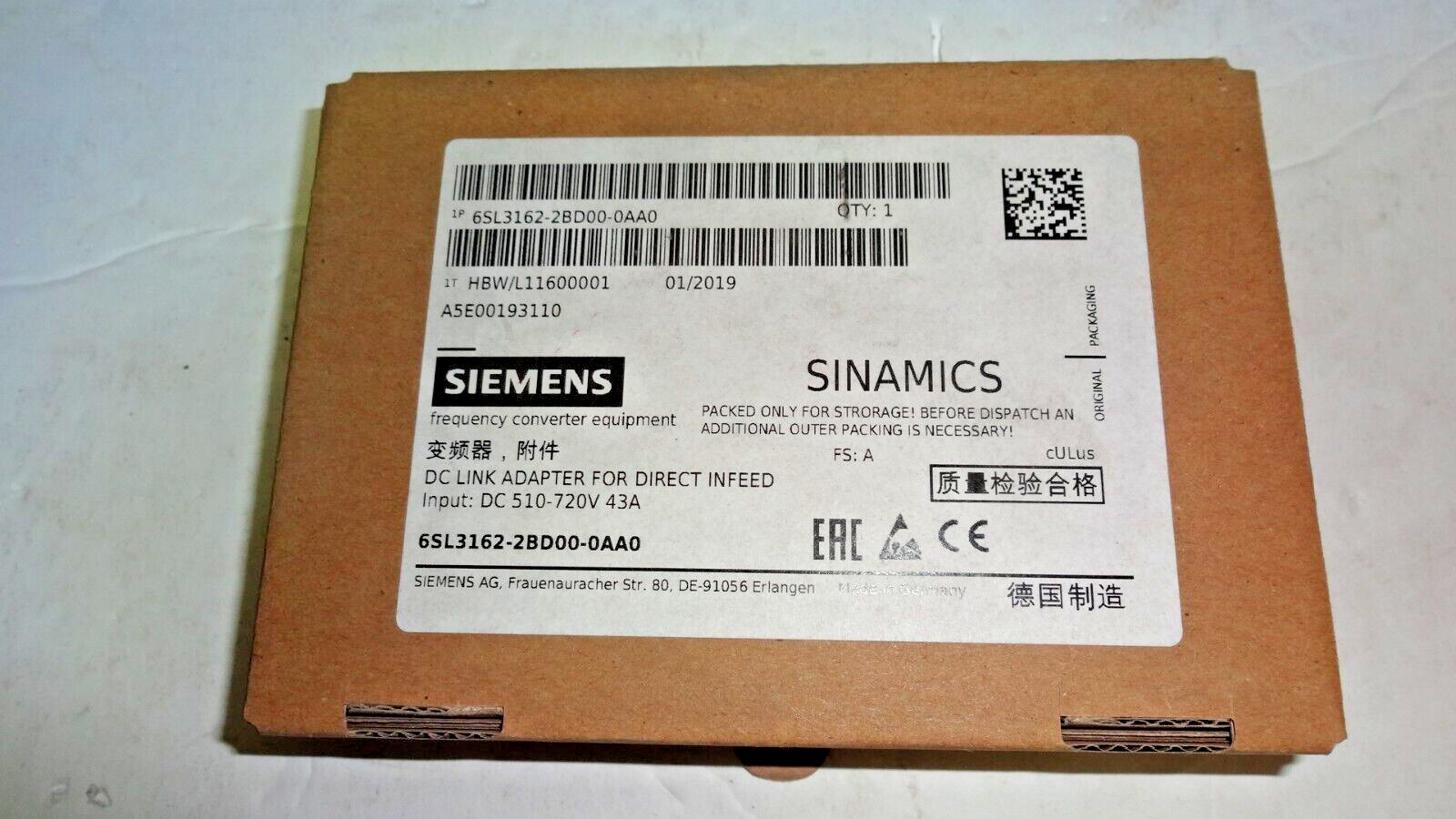 New Siemens 6SL3162-2BD00-0AA0 DC Link Adapter for Direct Infeed