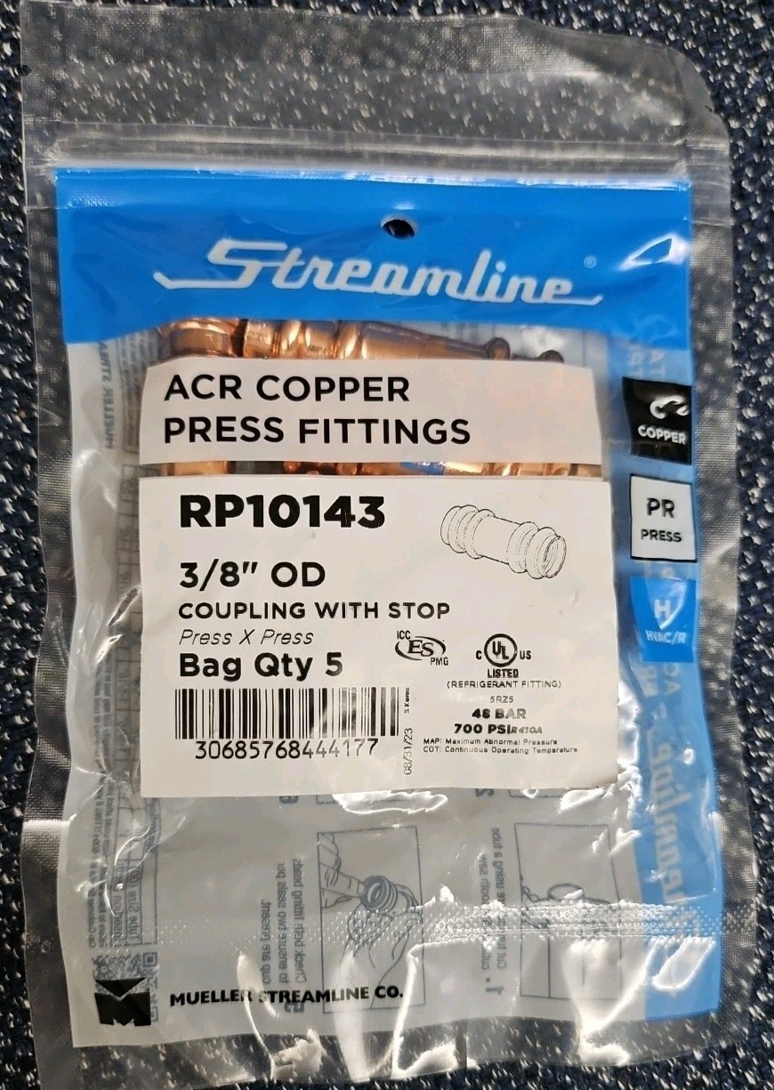New Qty 5 Streamline Mueller ACR Copper Press Fittings 3/8” OD Coupling RP10143