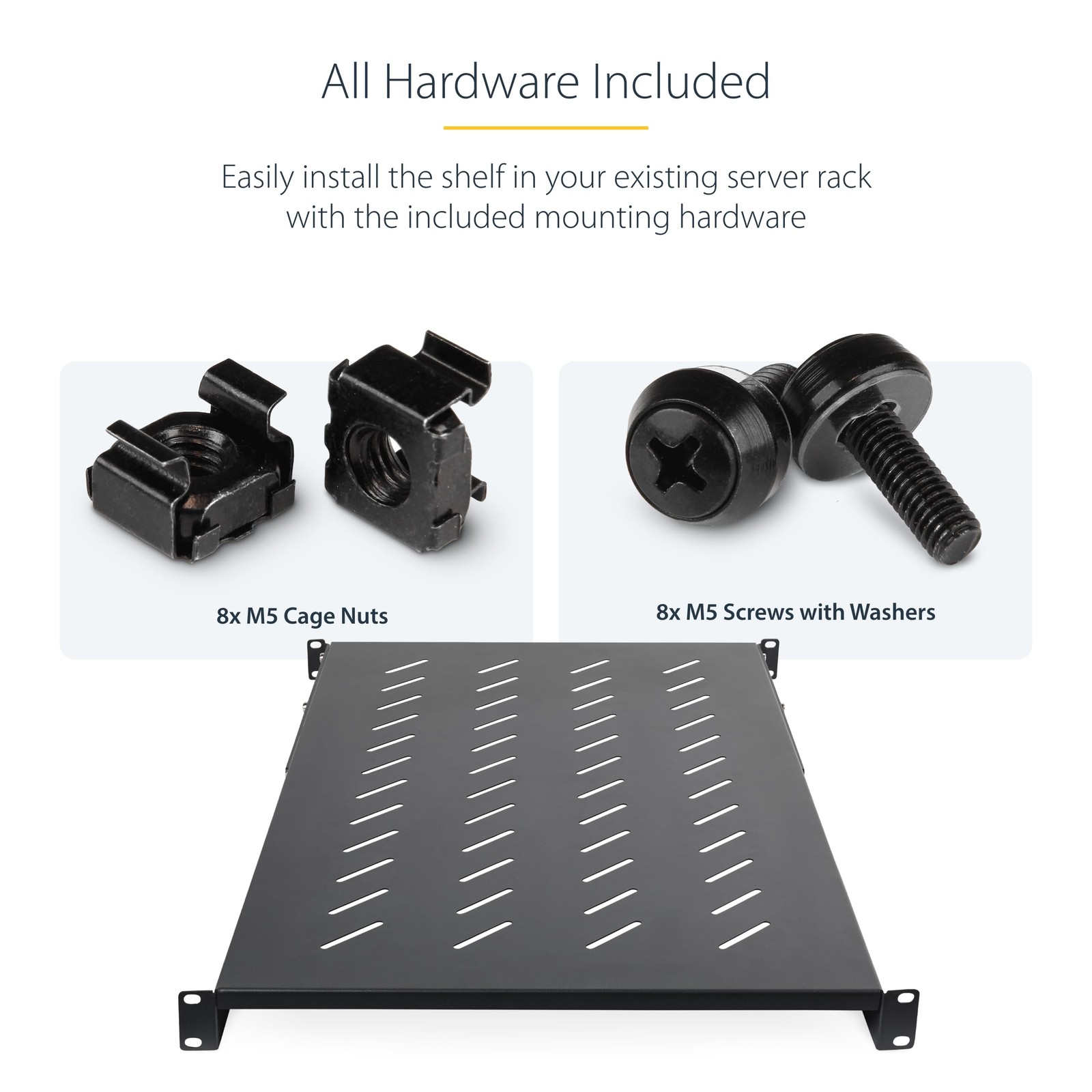 StarTech.com 1U 4-Post Server Rack Shelf, Vented, Adjustable 28-34.4in, Black