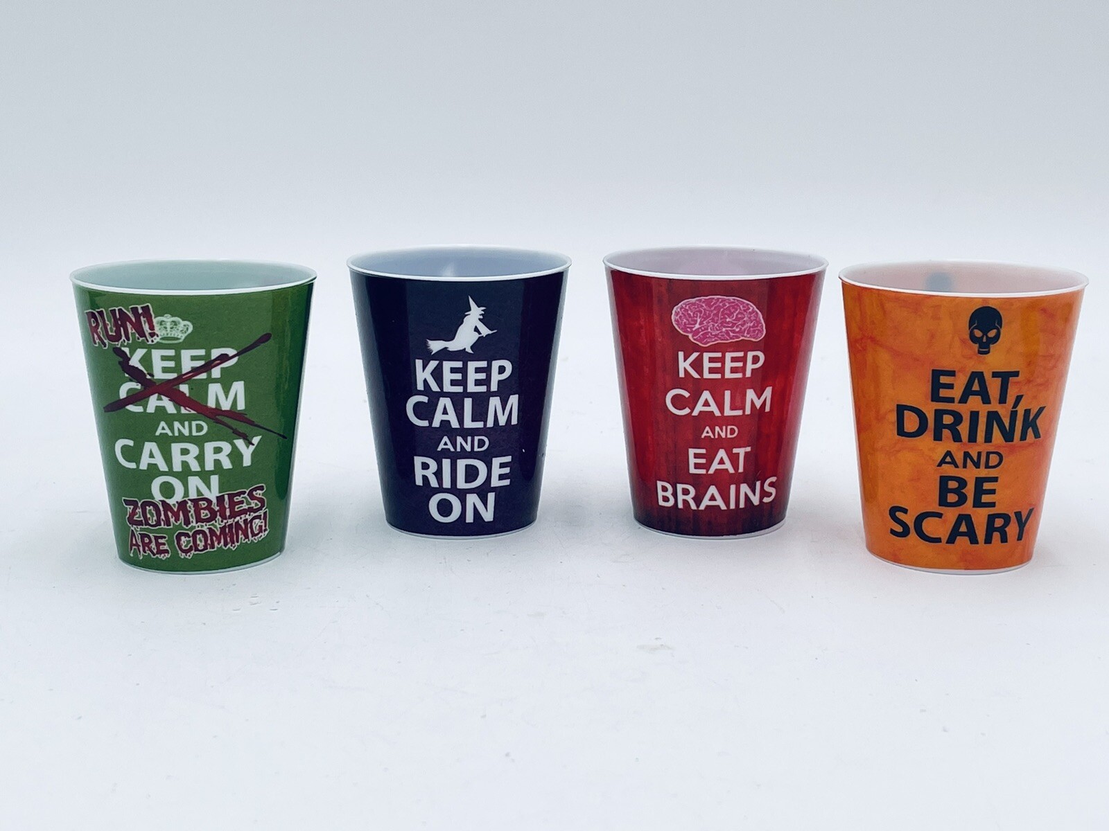 Halloween KEEP CALM Zombie Whitch Eat Brains Scary Shot Glass Plastic Horror LOT