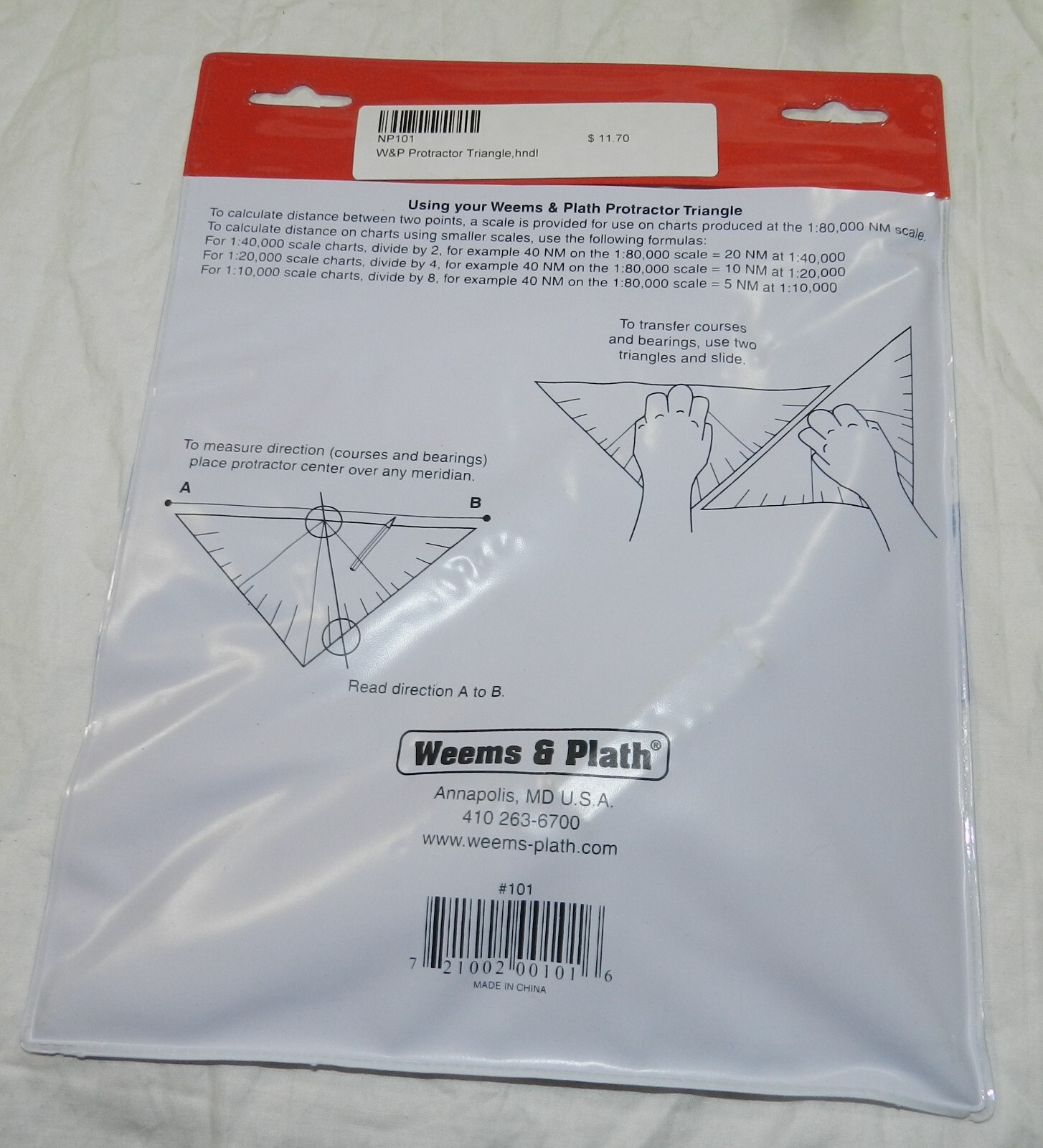 Weems & Plath Item # 101 - Protractor Triangle with handle - with plastic sleeve