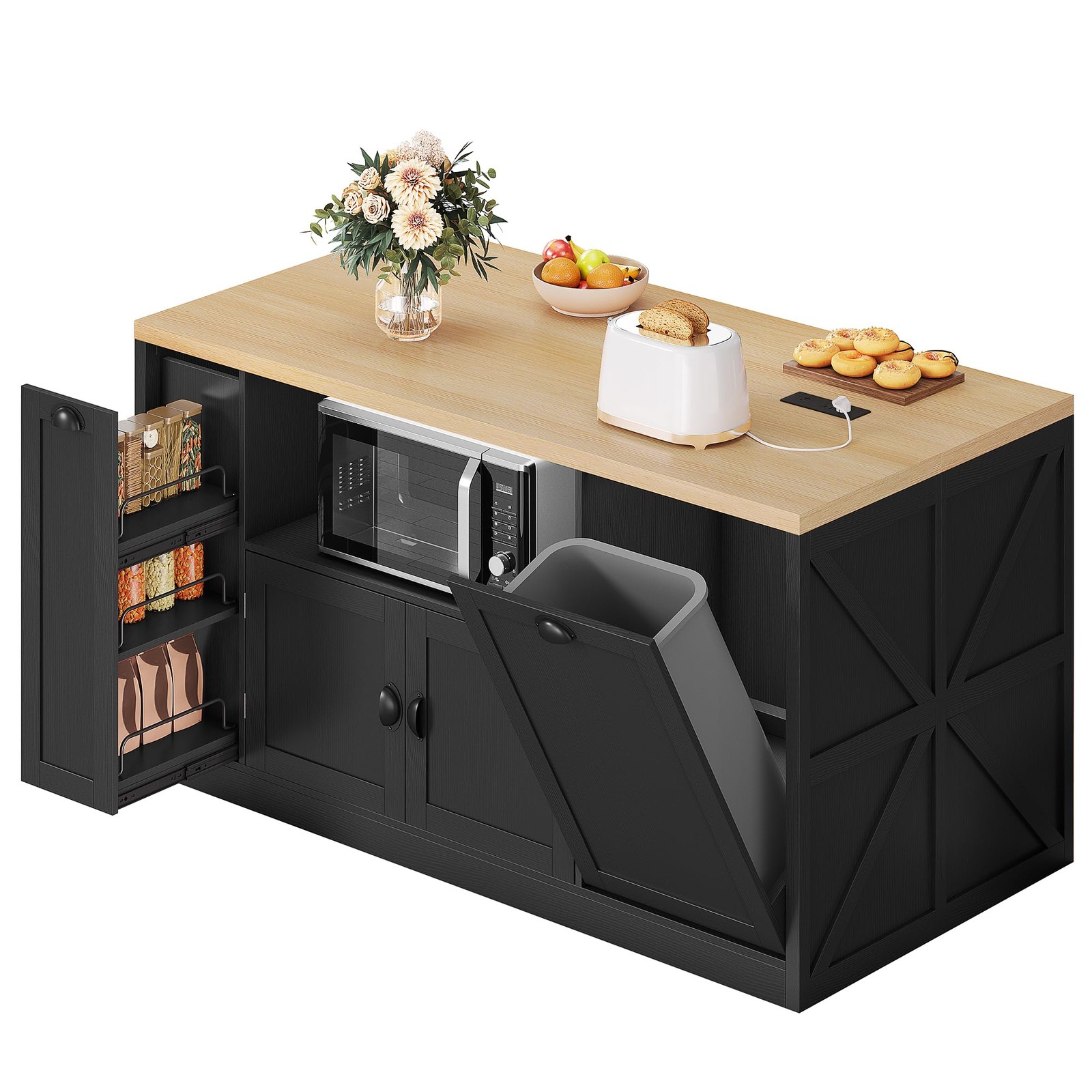 Kitchen Island with Storage, 63" W Large Island Table with Trash Can, Farmhou...
