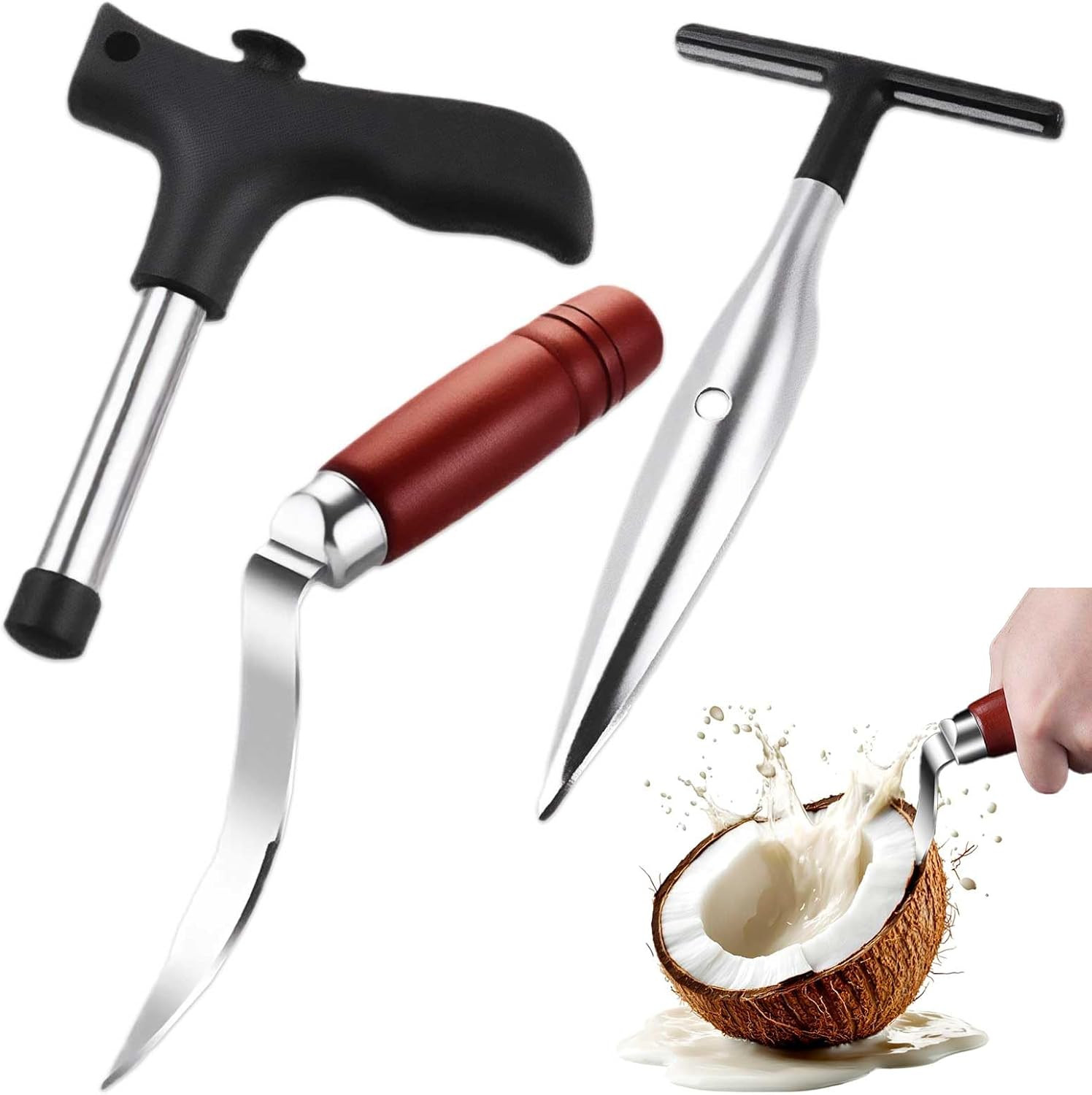 3 PCS Coconut Opener Tool Set, Stainless Coconut Meat Remover Peeler Cutter &...