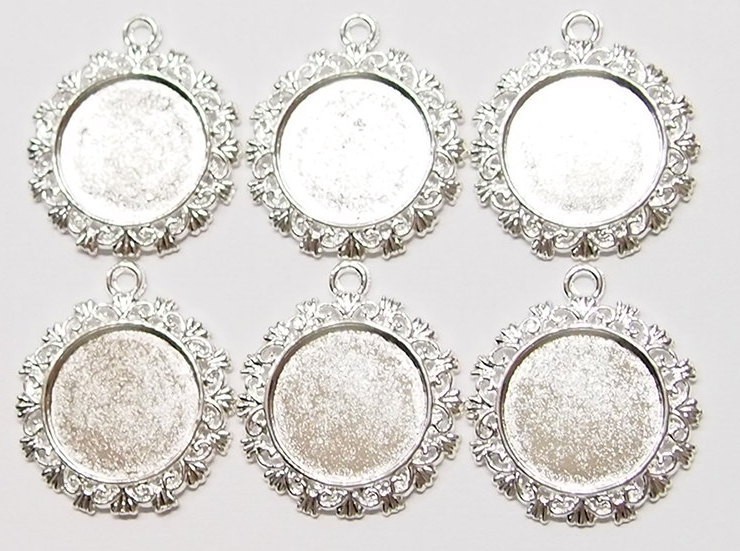 6 of 20mm Round Shiny Silver Victorian Thick Crowns Pendant Settings 35x30mm