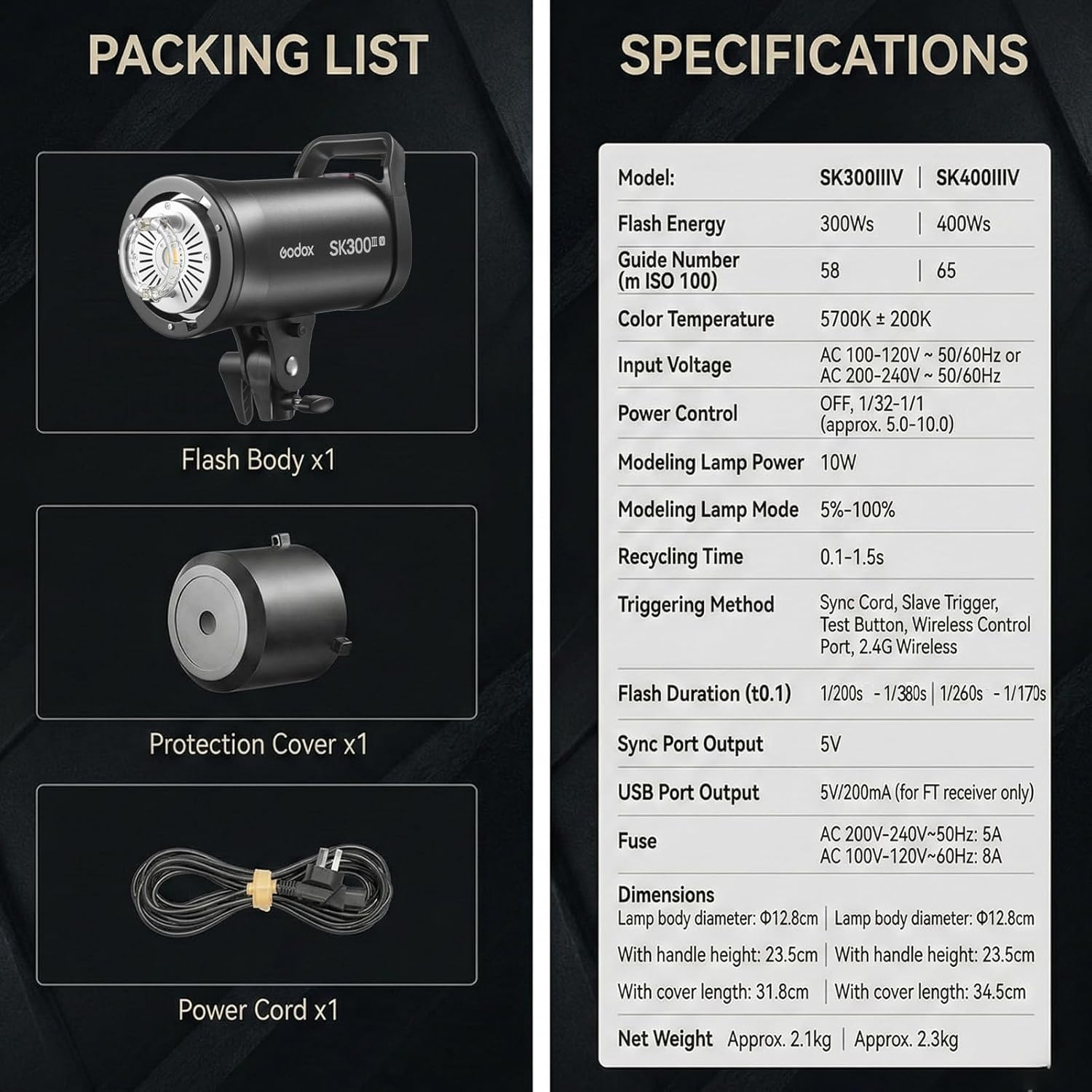 SK300IIIV GN58 Studio Flash Strobe, 2.4G Wireless X System, Upgraded 10W LED Mod