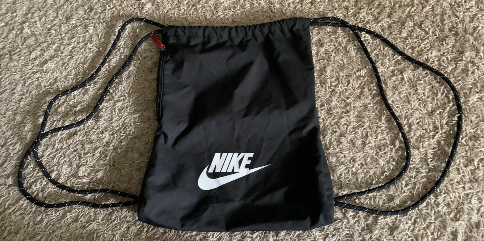 Nike Drawstring Backpack Sackpack Gym Bag with Zipper Pocket Black w/White Logo