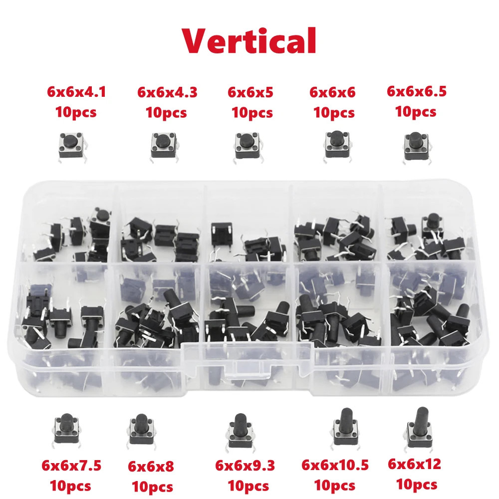 100 PCS 10 Models 6*6 Tact Switch Tactile Push Button Switch Kit Height 4.1