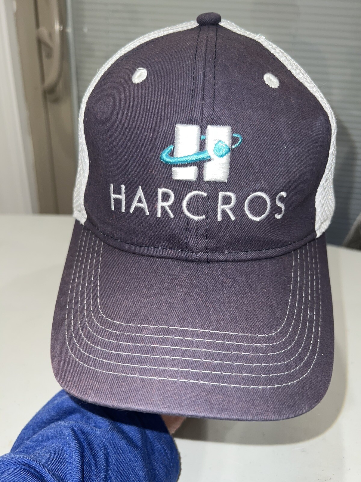 Harcros w Teal Logo Embroidered Dark Gray/White Mesh  Trucker Hat Cap Hook Loop