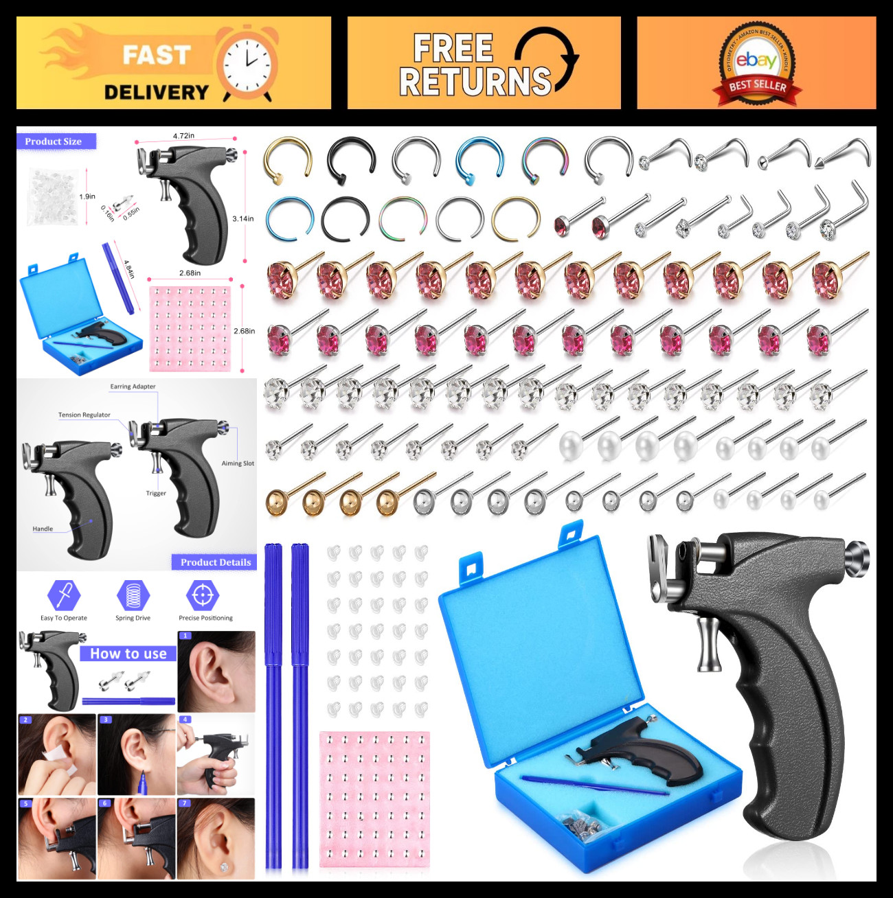 157 Pcs Ear Piercing Kit - Stainless Steel Tools, 36 Studs, 98 Earrings, Nose &