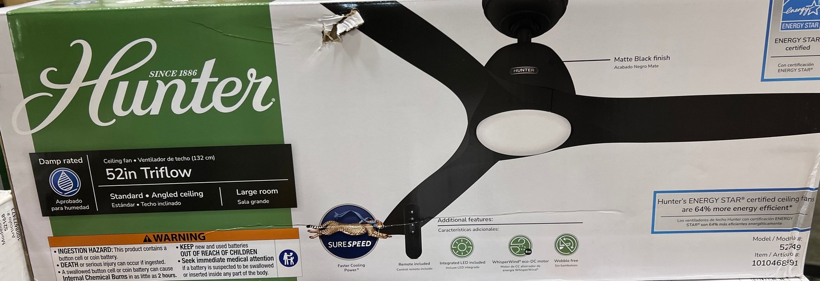 Hunter Triflow 52 in. LED Indoor/Outdoor Matte Black Ceiling Fan+ Remote *OPEN