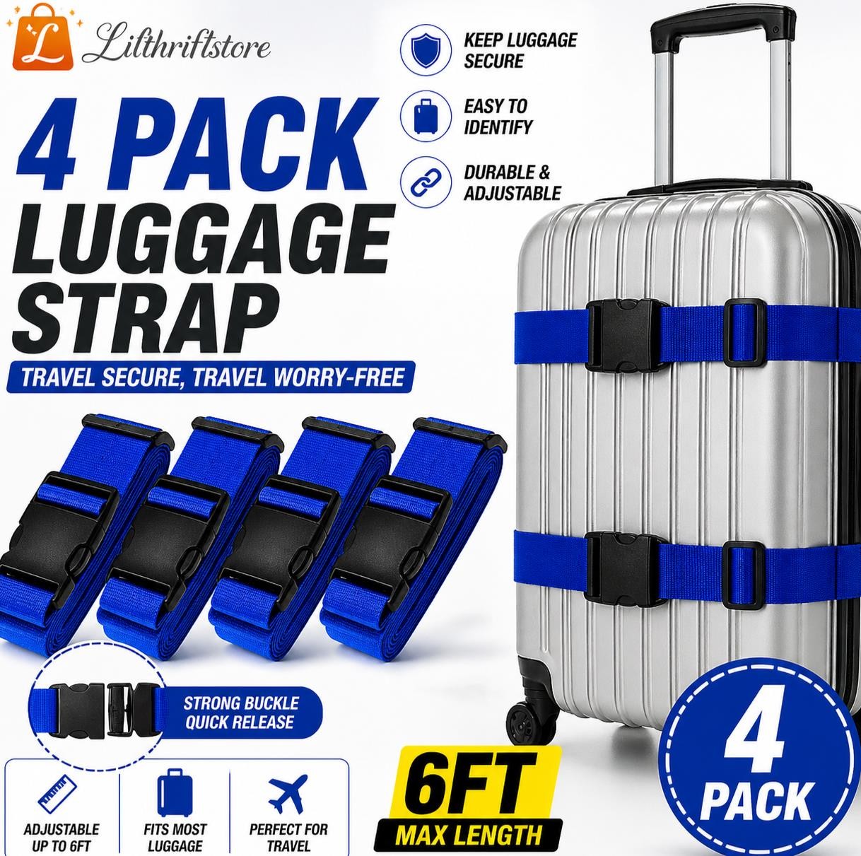4 Pack Adjustable Luggage Strap Suitcase Belt Travel Bag Secure Buckle 6FT