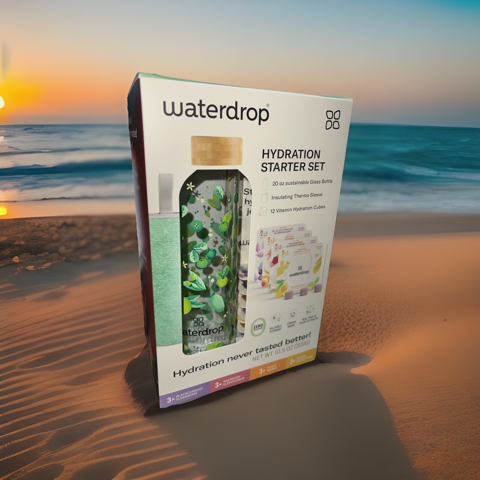 Waterdrop Hydration Starter Pack, 20 oz. Glass Bottle w/ 12 Vitamin Cubes Green
