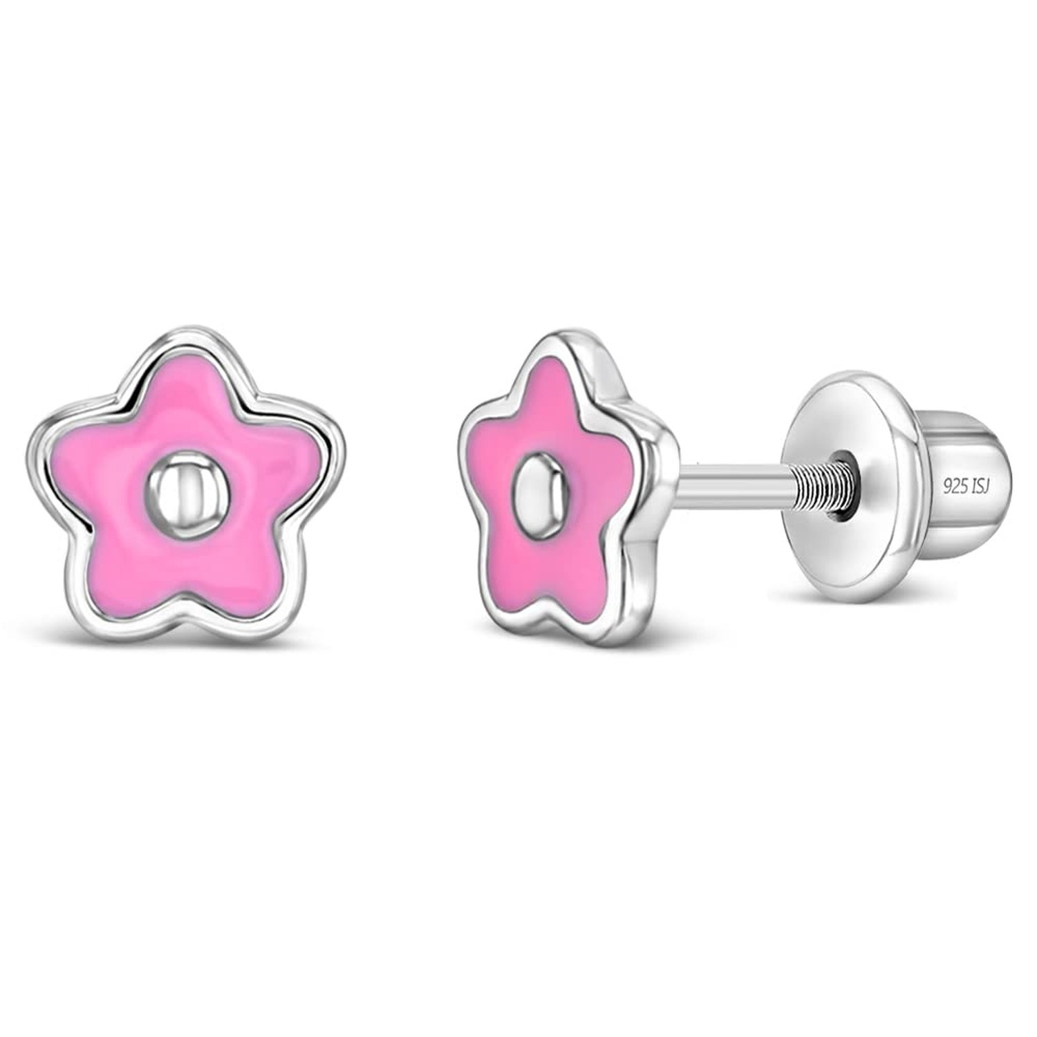 925 Sterling Silver Little Girl's 6mm Pink Enamel Flower Shaped Screw Back Lo...